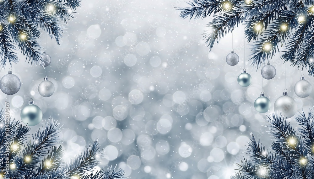 Naklejka premium Sparkling silver and blue Christmas ornaments hang on frosted pine branches against a bokeh backdrop, concept for holiday greetings, winter, and festive celebrations