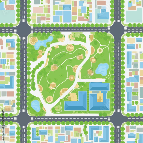 Top-down view of a city park with playgrounds, ponds, and surrounding urban blocks with buildings and streets.