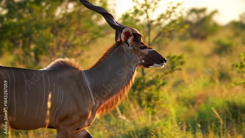Majestic Kudu antelope walking in grasslands at sunset. Wildlife, nature, mammal, outdoors, animal, savanna, wilderness.