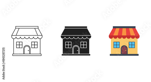 Shopfront icons in various styles and colors