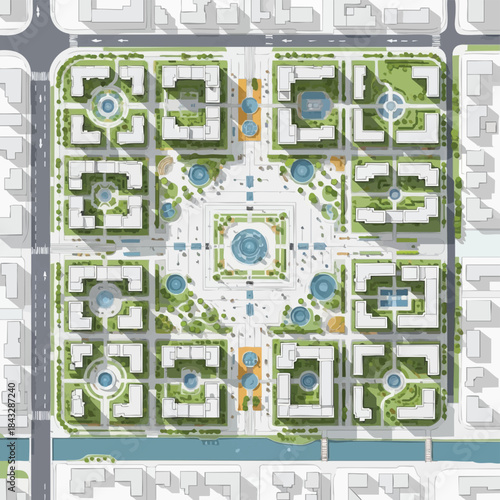 Top view of a symmetrical urban park with fountains and pathways.
