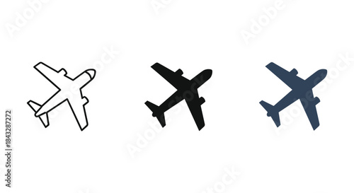 Set of three airplane icons in different colors and styles