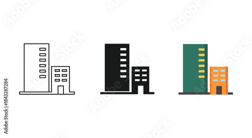 Simple building icons in different colors and shapes