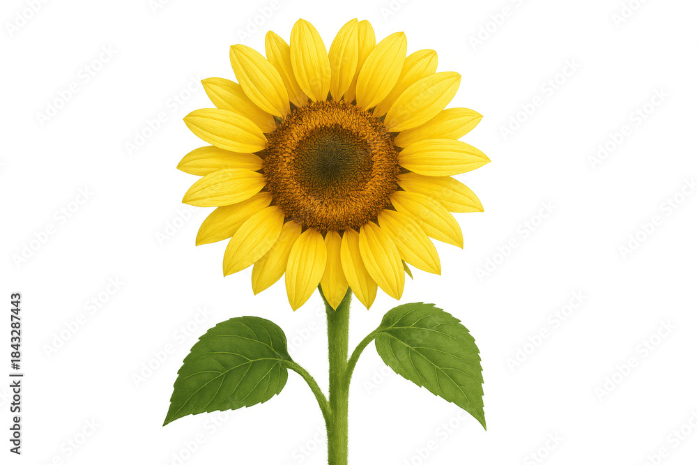 Fototapeta premium Bright yellow sunflower standing tall with green leaves, symbolizing summer, nature, and happiness, on a transparent background