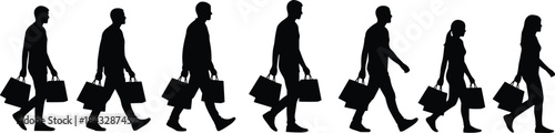Group of Seven Shoppers Silhouettes Vector, Men and Women Walking and Carrying Shopping Bags, Retail, Sale, Consumerism, Commerce, and Fashion Concept Graphic Design.