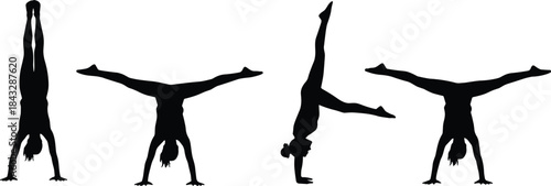 Gymnastics Silhouettes Vector Set, Four Female Figures Performing Handstand and Splits, Fitness, Acrobatics, Exercise, Flexibility, and Training Graphic Design.
