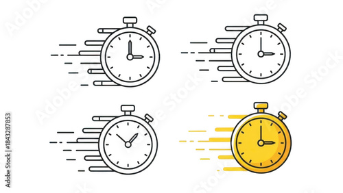 Set of four fast stopwatch icons with speed lines symbolizing time and urgency