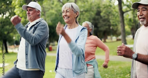 Coach, senior group and exercise at park for functional fitness, cardio warm up or mobility workout. Retirement health, elderly people and happy with instructor outdoor for brisk walking and wellness