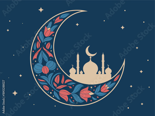 Illustration of a crescent moon with a mosque silhouette and floral pattern on a starry night sky for Ramadhan