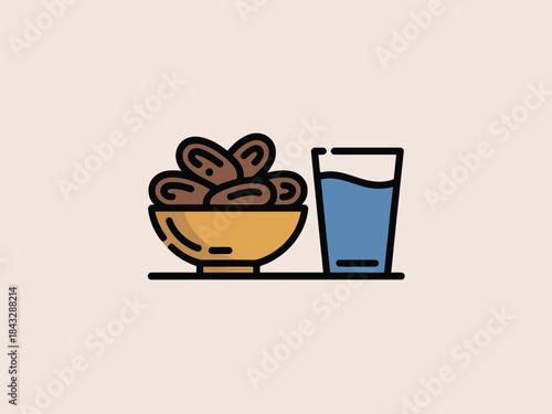A simple illustration of a bowl of dates and a glass of water on a flat surface against a plain background for Ramadhan or iftar concept.