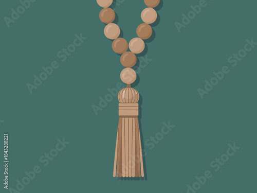 A minimalist illustration of a wooden tassel necklace with spherical beads on a solid green background, symbolizing Ramadhan spirituality and simplicity.