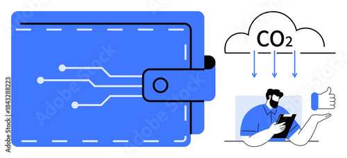 Sustainability, digital payments, carbon tracking, financial management, eco-friendly technology, innovation. Blue digital wallet with circuit lines, CO2 cloud person with tablet. Sustainability