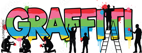 Large colorful GRAFFITI! word art with spray paint splashes and silhouettes of street artists painting the letters, vector design.