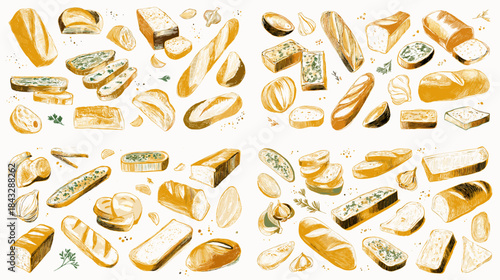 Bread watercolor illustration collection with baguettes loaves and slices painted in a warm golden style ideal for bakery branding food packaging and artisanal design projects.