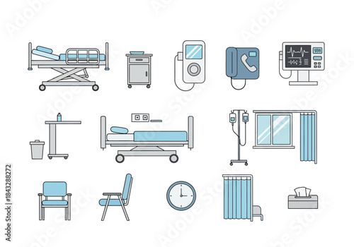 Hospital Room Equipment Vector Illustration Set.