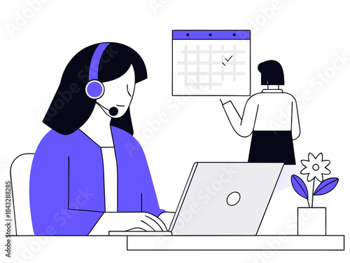 Customer service agent with headset and laptop schedules appointment on calendar isolated on transparent background