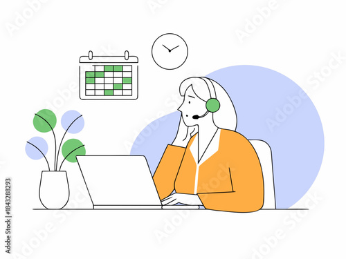 Customer service representative with headset working on laptop near calendar and clock isolated on transparent background