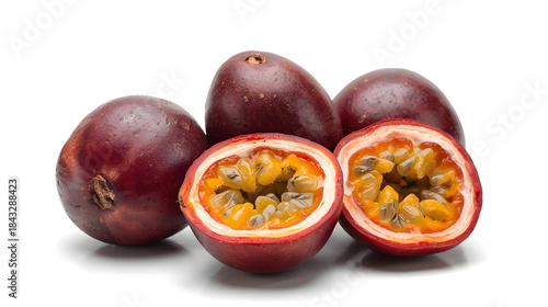 Fresh passion fruit whole half and slice isolated