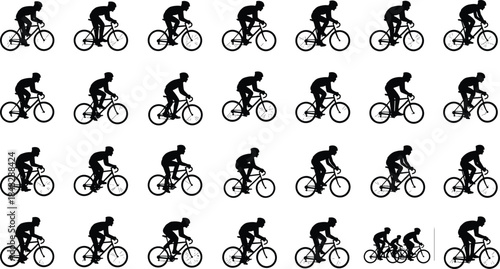 Large Group of Black Cycling Silhouettes in Four Rows, Road Bike and Racing Riders Pattern, Transportation, Fitness, Competition, and Sports Background Vector.