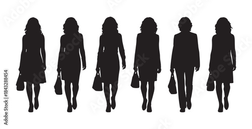 Business Women Silhouettes Set Walking Forward, Professional Female Figures Vector Illustration. Silhouettes of six women walking in a row