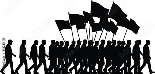 Large Group of People Silhouette Marching, Holding Multiple Waving Flags, Protest, Political Rally, Demonstration, Social Activism, and Public Event Vector Illustration.