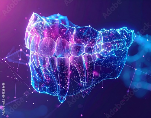 Digital rendering of teeth structure with glowing blue and purple lines