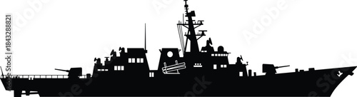 Modern Warship Destroyer Silhouette Vector, Military Navy Vessel with Weapons and Radar, Defense, Naval Combat, Maritime Security, and Global Fleet Graphic Design.