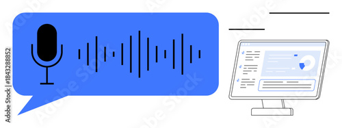 Voice recognition, audio analysis, AI technology, transcription tools, data processing, digital interface. Black microphone and soundwave on a blue background, monitor with data chart. Voice