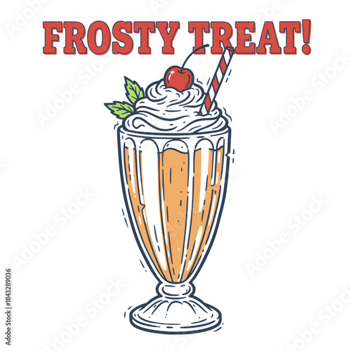 Retro Milkshake Treat.Frosty Sweet Drink Art.Vintage Diner Milkshake.Iced Dessert Illustration.Creamy Cold Beverage