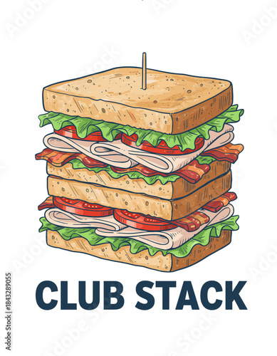 Classic Club Sandwich Vector.Deli Stack Hand Drawn.Retro Lunch Illustration.Big Triple Decker Food.Vintage Sandwich Emblem