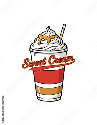Sweet Cream Drink Logo.Retro Milkshake Emblem.Whipped Cream Cup Art.Vintage Dessert Vector.Caramel Frappe Graphic