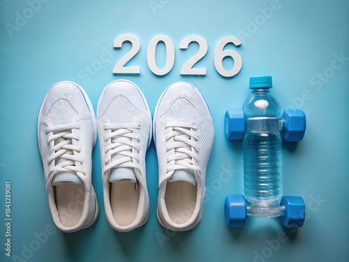 New year fitness goals 2020 white sneakers and water bottle dumbbell on a blue background