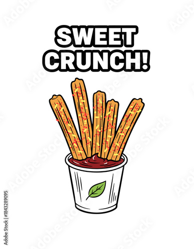 Sweet Crunch Churros Design.Spanish Churro Sticks Graphic.Delicious Dessert Illustration.Retro Snack Food T-shirt Art.Fried Dough Dip Vector