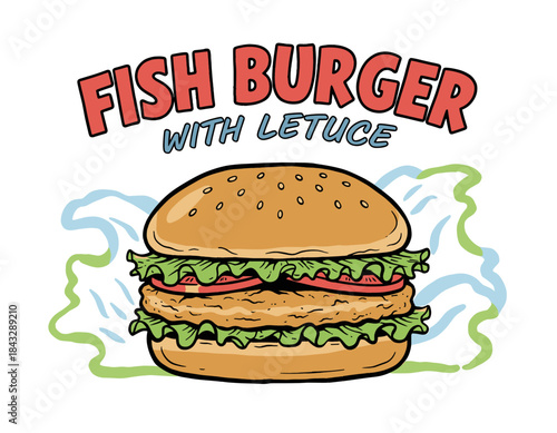 Fish Burger Illustration Vector.Retro Seafood Sandwich Design.Vintage Fish Burger Logo Art.Delicious Fast Food Sandwich.Cartoon Diner Style Fishwich