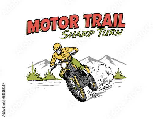 Retro Motor Trail Racer.Sharp Turn Dirt Bike Vector.Vintage Motorcycle Graphic.Off Road Rally Emblem.Extreme Trail Rider Action