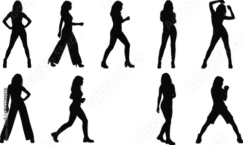 Set of active female silhouettes posing, walking, and moving in stylish casual and street clothes, isolated vector graphic collection.