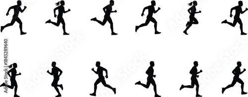 Black Silhouette Vector Collection of Diverse Men and Women Running and Jogging in Various Athletic Poses – Isolated on White Background