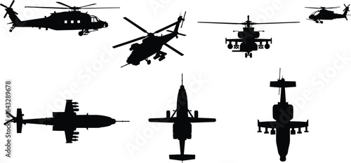 Set of black silhouettes showing various military attack and transport helicopters in side, frontal, and top view, representing air power, defense, and combat aviation.
