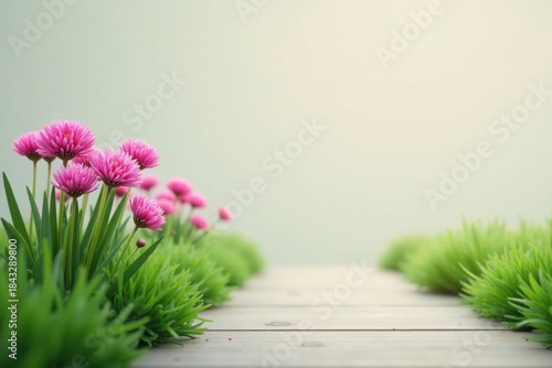 Serene Pathway Adorned with Vibrant Pink Flowers and Lush Green Grass on a Tranquil Wooden Boardwalk