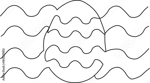 Black and white illustration of a continuous line drawing of ocean waves, intended as a pattern or template. An egg is overlaid, with the lines continuing inside it. Horizontal wavy lines, Vector illu