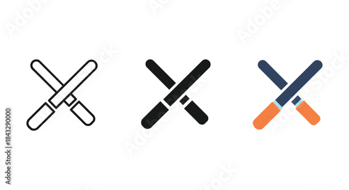 Different styles of crossed drumsticks icon set