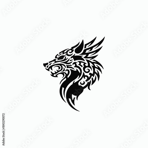 Tribal wolf head in profile view with bold swirling lines in black for strength, freedom, and primal identity