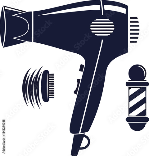 Detailed illustration of a modern hair dryer in monochrome ideal for design on transparent background