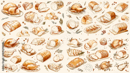 Bakery watercolor illustration collection with bread pastries croissants and baked goods drawn in a warm artisanal style ideal for food branding menus and cozy kitchen visuals.