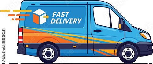 Colorful delivery van with fast delivery box graphic side view illustration on transparent background