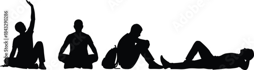 Black Silhouette Vector Collection of Diverse People Sitting and Lying Down Outdoors – Relaxing, Studying, Stretching, and Leisure Activities Isolated on White