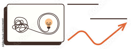 Tangled line evolving into a lightbulb symbolizing problem-solving, leading to a smooth upward arrow curve representing progress. Ideal for innovation, strategy, creativity, growth, planning