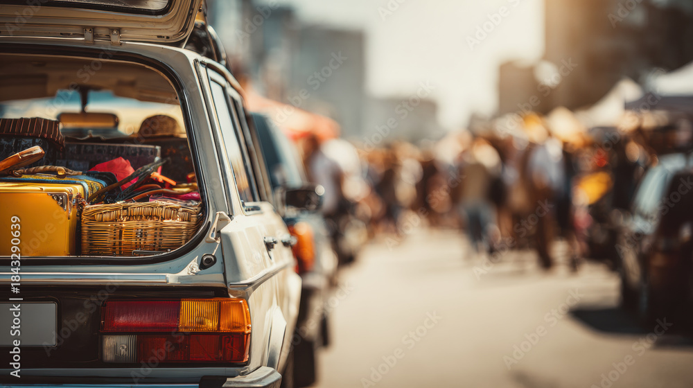 Obraz premium Warm knitted items packed in a car trunk at an outdoor market. Cozy knitted hats and scarves are neatly arranged in the back of a car, ready for a day at a bustling outdoor market.