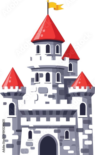 Detailed illustration of a fairytale castle tower with red conical roofs on transparent background