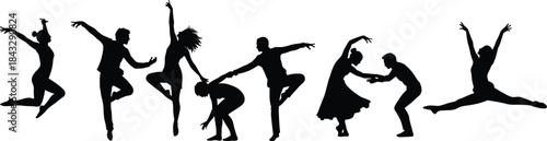 Black dance silhouettes in dynamic poses showcasing expressive movement and choreography for performing arts, education, and artistic design use.